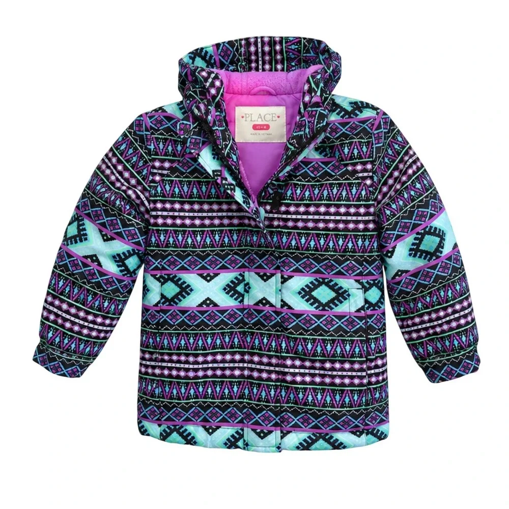 The Children's Place Girls XS 4‎ Puffer Jacket Geometric Purple Teal Hooded Coat